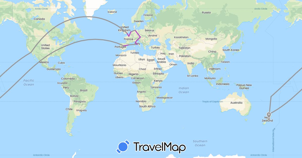TravelMap itinerary: driving, plane, train in Austria, Germany, Spain, Fiji, France, United Kingdom, Italy, Netherlands, New Zealand, United States (Europe, North America, Oceania)